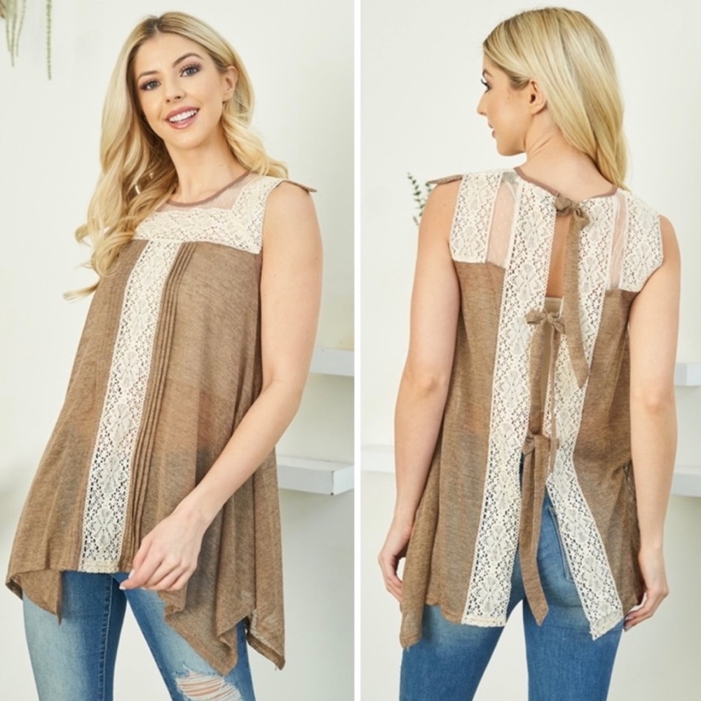 New! Asymmetrical Crochet Lace Tunic Top W/ Bow Tie Back - Picture 2 of 4